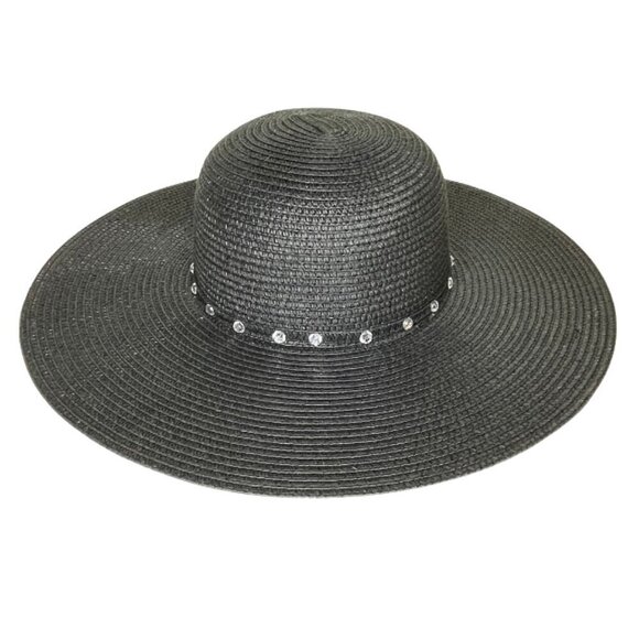 Boutique Gothic Wide Brim Black Straw Sun Hat Rhinestone Crystal Embellished main image 6